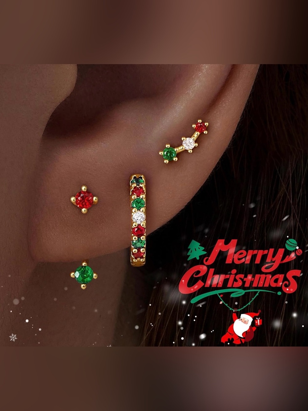 3 Pairs Gold Plated Dainty Small Women’s Earrings in Red, White, Green ~ New ~ - Picture 5 of 5